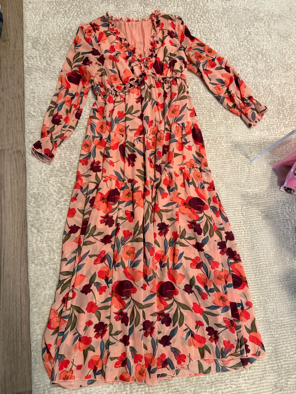 Floral Peach Maxi Dress with Puff Sleeves